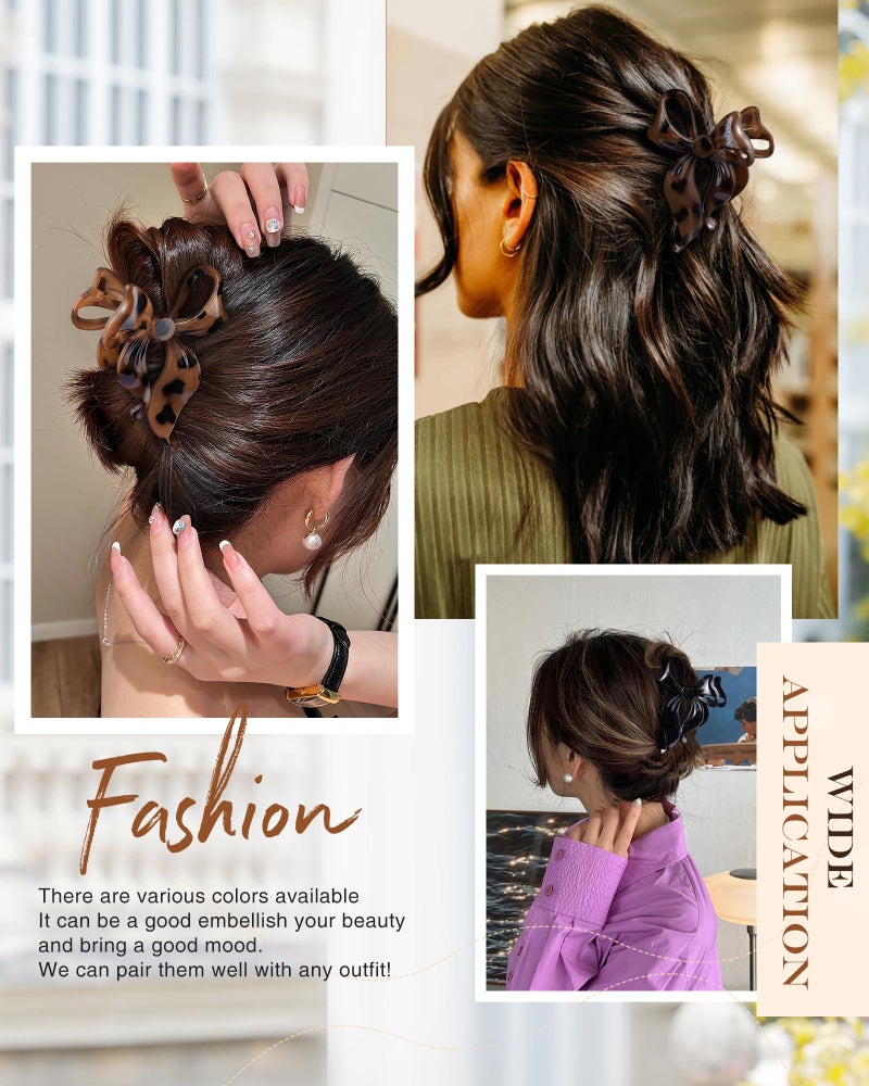 Lourny 4 PCS Bow Hair Clips Bow Claw Clip for Women, Large Hair Claw Clips for Thin Thick Long Hair Cute Nonslip Bows (Black+Leopard Dark Brown+Leopard Light Brown+Gray) - Image 5