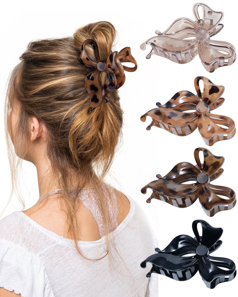Lourny 4 PCS Bow Hair Clips Bow Claw Clip for Women, Large Hair Claw Clips for Thin Thick Long Hair Cute Nonslip Bows (Black+Leopard Dark Brown+Leopard Light Brown+Gray) - Image 1