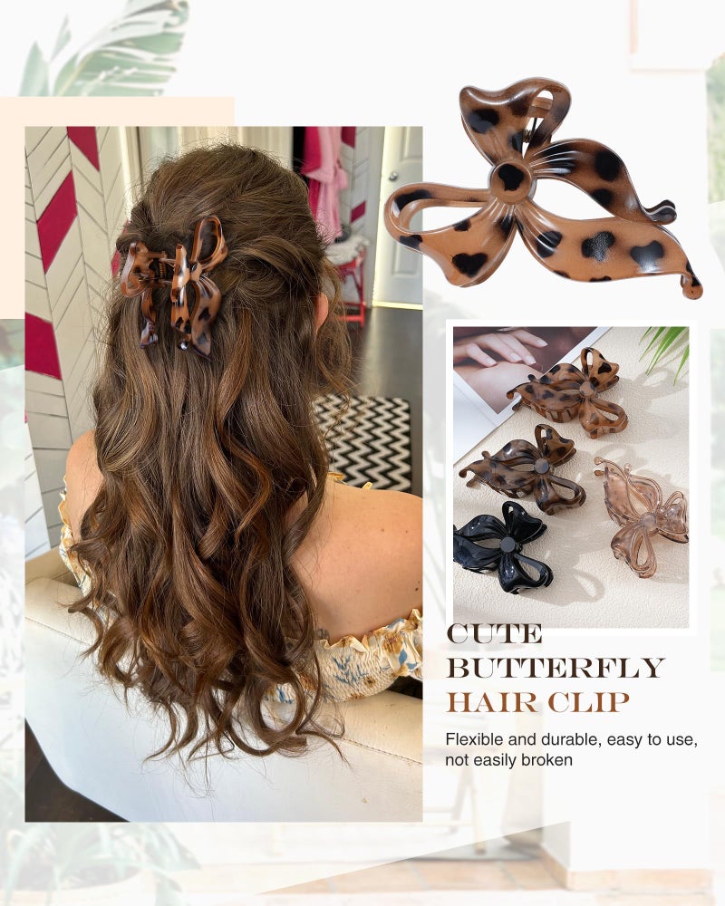 Lourny 4 PCS Bow Hair Clips Bow Claw Clip for Women, Large Hair Claw Clips for Thin Thick Long Hair Cute Nonslip Bows (Black+Leopard Dark Brown+Leopard Light Brown+Gray) - Image 4