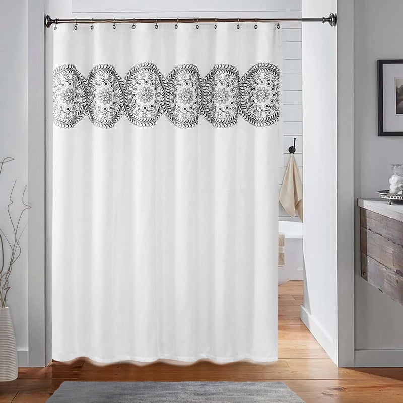 Jubilantex White Embroidered Shower Curtain for Bathroom, Black and White Boho Farmhouse Floral Decorative Waterproof Rustic Style Water Resistant Bath Room Curtain Fabric for Spa Hotel, 70x72 Inches - Image 5