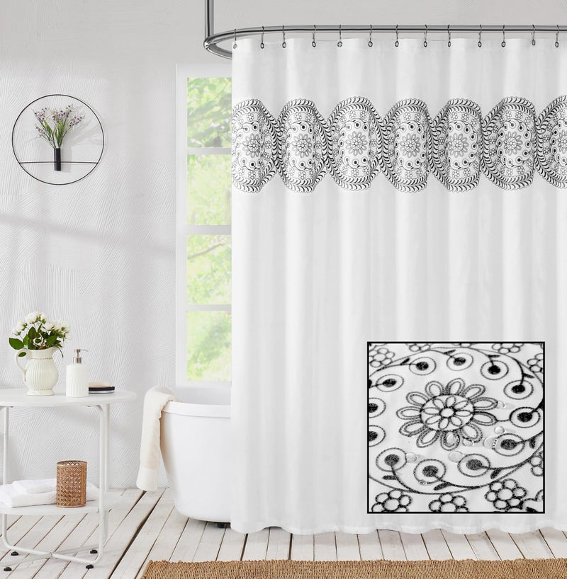 Jubilantex White Embroidered Shower Curtain for Bathroom, Black and White Boho Farmhouse Floral Decorative Waterproof Rustic Style Water Resistant Bath Room Curtain Fabric for Spa Hotel, 70x72 Inches - Image 1
