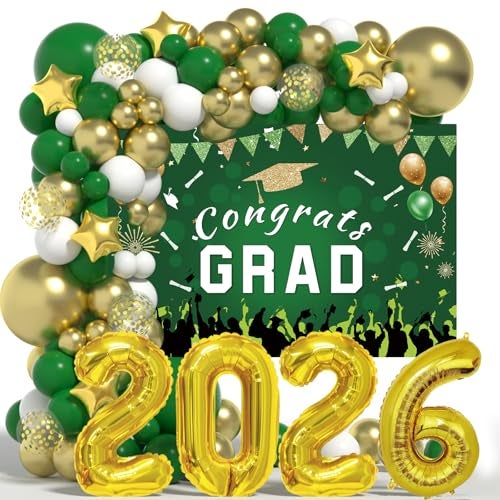 LYVEEF Graduation Decorations Class Of 2026 Green and Gold 2026 Graduation Decorations Balloon Arch Kit Congrats Grad Backdrop 136PCS Party Supplies for High School College Celebrations - Image 1