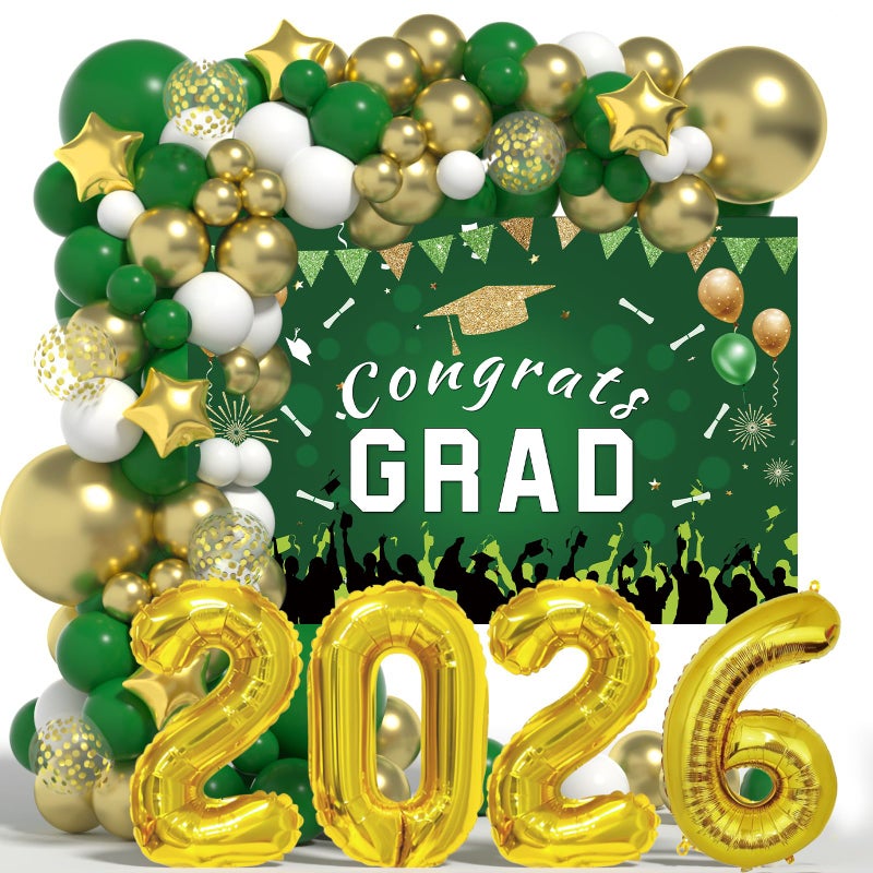 LYVEEF Graduation Decorations Class Of 2026 Green and Gold 2026 Graduation Decorations Balloon Arch Kit Congrats Grad Backdrop 136PCS Party Supplies for High School College Celebrations - Image 3