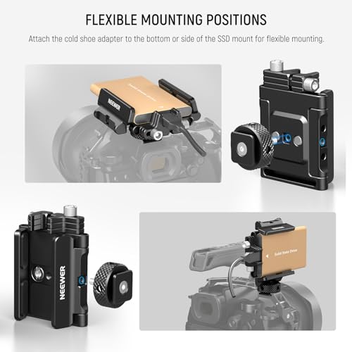 NEEWER Mount Bracket SSD Holder with Cold Shoe Cable Clamp, 1.6"-2.6" for Samsung T5 T7 SSD SanDisk Compatible with SmallRig Cage for BMPCC 4K 6K Compatible with iPhone 15 Pro Max Phone Cage, UA035 - Image 3