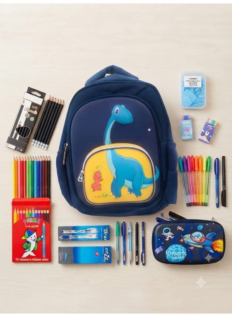 Supplies. 10-in-1 School and Office Supplies Pack ( Pencil Case, 14-inch Dinosaur Bag, Ballpoint Pens, Pencils, Colors, Eraser, and Paper Soap) - Image 1
