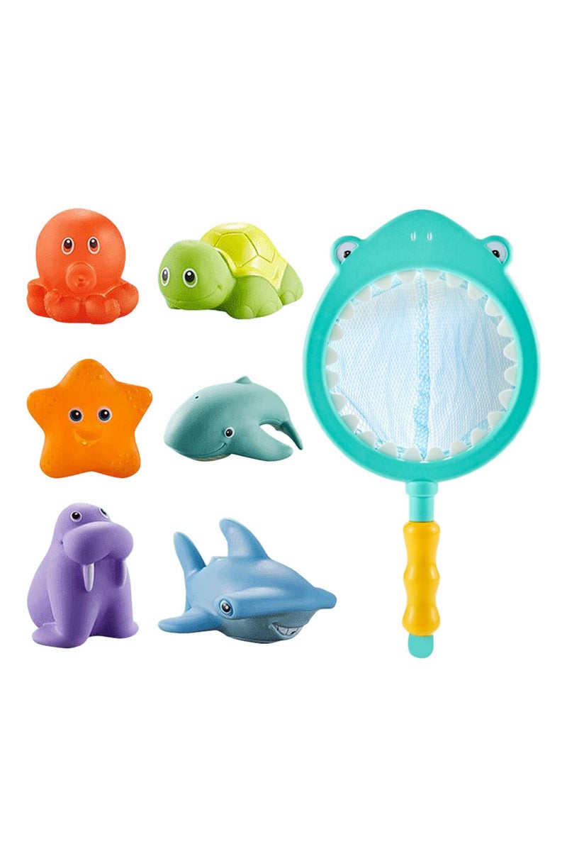 7PCS Baby Bath Toys Creative Spray Water Shower Toys Kids Sharks Fishing Net Set Color Changing Pinch Animal Dolls Bath Time Fun Gift for Toddlers - Image 1