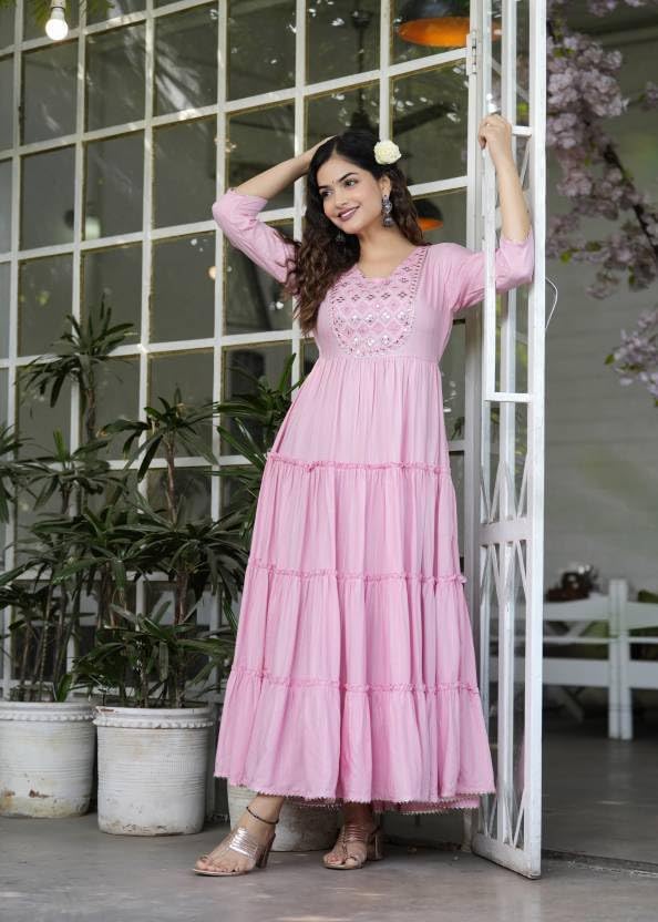 LAVANDIS Women Printed Rayon Anarkali Kurta for Girls Regular Wear Long Gown Pink - Image 4