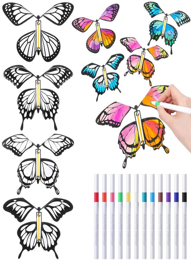 Seenelling 44 Pcs Flying Butterfly Craft Kit with 32 Wind up Butterflies and 12 Color Pens People Painting White Paper Butterflies DIY Toy for Party Game School Activity Birthday Gift (Style 3) - Image 1