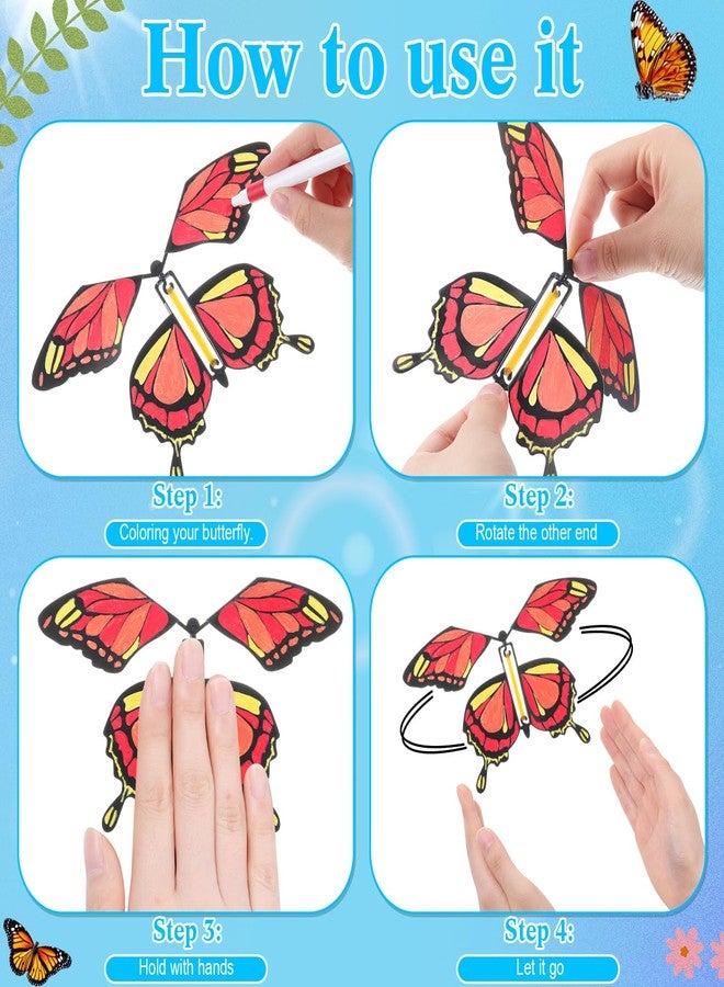 Seenelling 44 Pcs Flying Butterfly Craft Kit with 32 Wind up Butterflies and 12 Color Pens People Painting White Paper Butterflies DIY Toy for Party Game School Activity Birthday Gift (Style 3) - Image 3