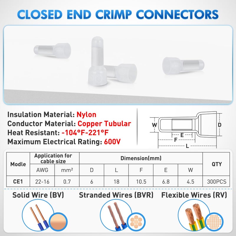 Nilight 300PCS CE1 Closed End Crimp Terminal 22-16 Gauge Nylon Insulated Closed End Wire Cap Wire Connectors Crimp Cap Terminals Connectors for Automotive Car Truck Boats Marine Electrical Wiring - Image 2