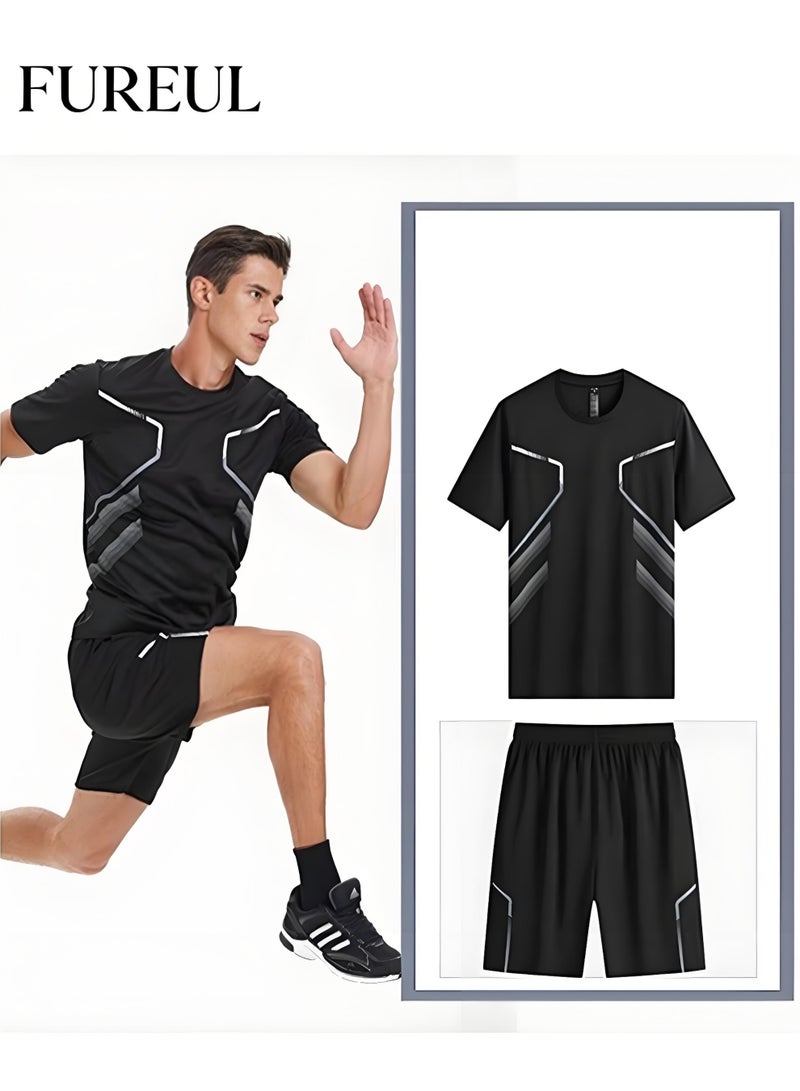 FUREUL Men's 2Pcs Sportswear Set Polyester Quick Dry Breathable Athletic T-Shirt Shorts Lightweight Moisture Wicking Workout Suit for Running Gym Training Outdoor Sports - Image 1