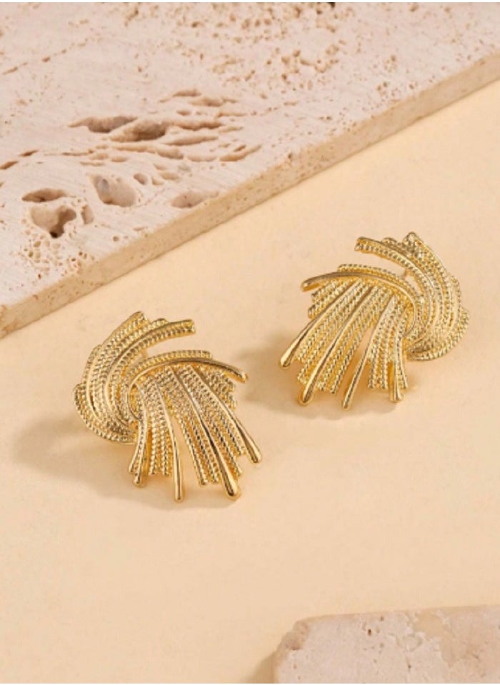 Shein - 1 Pair Simple Gold-Color Woven Asymmetrical Earrings, Minimalist Design Ear Jewelry - Image 1