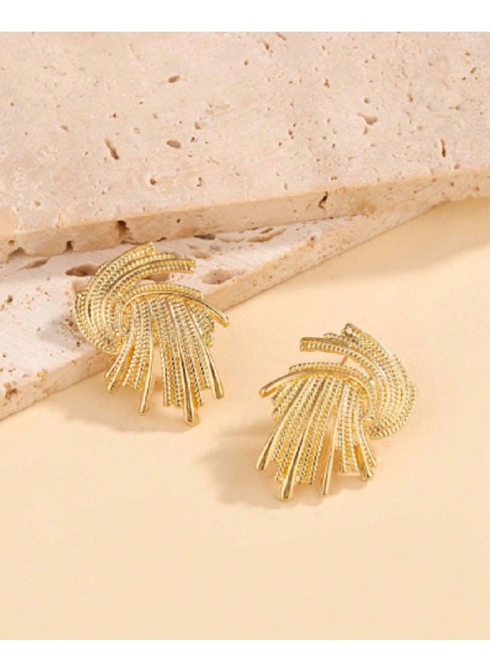 Shein - 1 Pair Simple Gold-Color Woven Asymmetrical Earrings, Minimalist Design Ear Jewelry - Image 1
