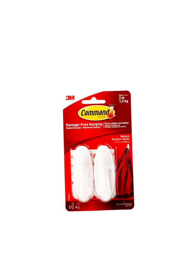 Command 17081 Designer Hooks, Medium, Holds 1.3 Kg. each hook, white color. 2 hooks and 4 strips/pack - Image 1