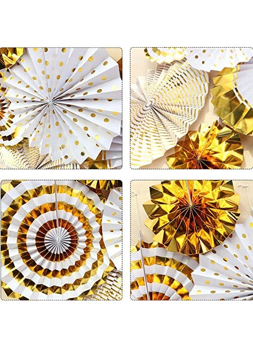 Funcart Funcart Golden White Paper Fan Decoration Set 6pcs Party Paper Fans Gold Hanging Garland Glitter for Birthday Wedding Baby Shower Bridal Valentines Day Girls Decoration  - Image 2
