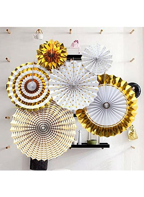 Funcart Funcart Golden White Paper Fan Decoration Set 6pcs Party Paper Fans Gold Hanging Garland Glitter for Birthday Wedding Baby Shower Bridal Valentines Day Girls Decoration  - Image 1