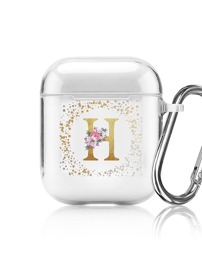 Classic Clear printed Case for Apple Airpods 2 / 1 Soft TPU Gel Thin Transparent Flexible Cover - Custom Monogram Initial Letter Floral Pattern Alphabet - H (Clear )