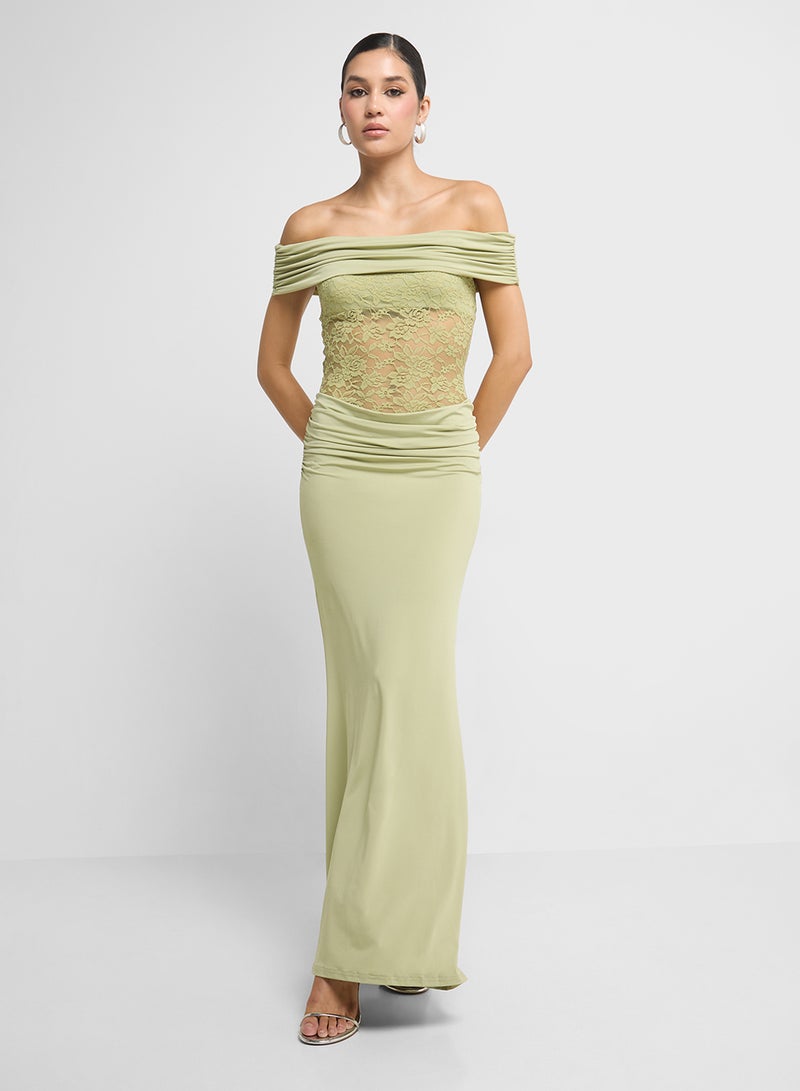 جينجر فستان سهرة مكشوف الأكتاف بدانتيل وقصة درابيه - Image 1