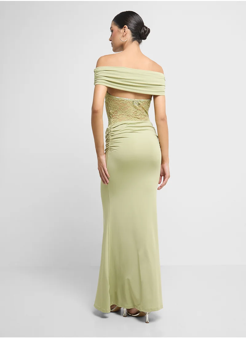 Ginger Off Shoulder Lace Cutout Draped Dress