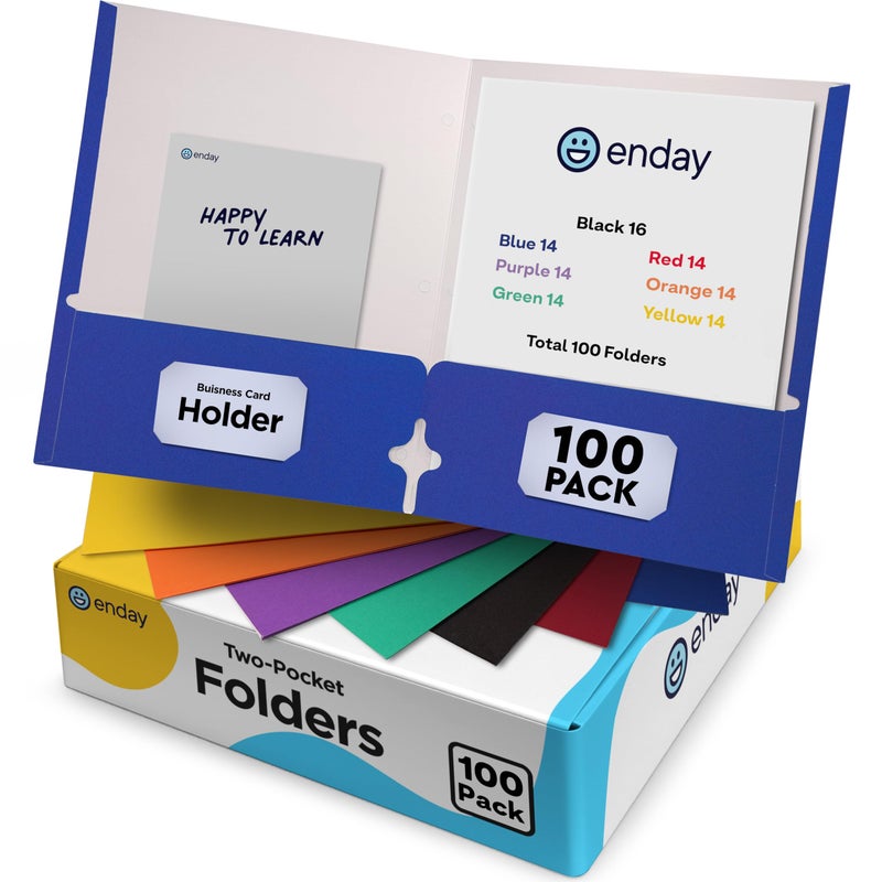 Enday Paper Folders with Pockets (100 Pack) Assorted Colors - Letter Size Two Pocket Folder, Premium Quality Bulk - Purple, Blue, Green, Red, Yellow, Orange & Black, by Enday - Image 1