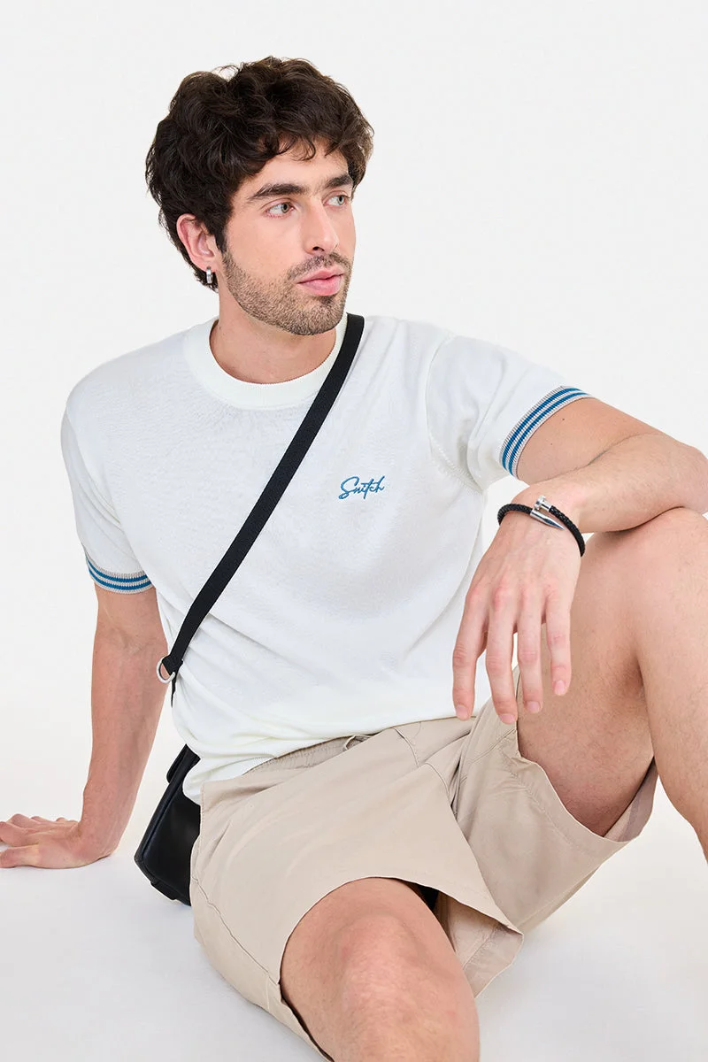 SNITCH Off-White Embroidered Half Sleeve Regular Fit T-Shirt