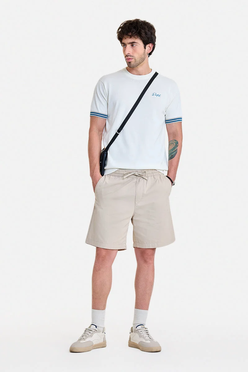 SNITCH Off-White Embroidered Half Sleeve Regular Fit T-Shirt