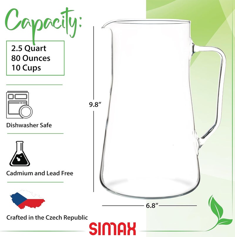 SIMAX Large Glass Pitcher With Spout, 2.5 Quart (80 Ounce) Borosilicate Glass Iced Tea Pitchers with Handle, Angled Cylinder Design, Glass Water Pitcher, - Image 2