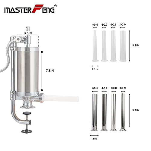 MASTER FENG Sausage Stuffer, Stainless Steel Homemade Sausage Maker Vertical Meat Filling Kitchen Machine, Packed 8 Stuffing Tubes (2.5LBS/1.5L) - Image 2