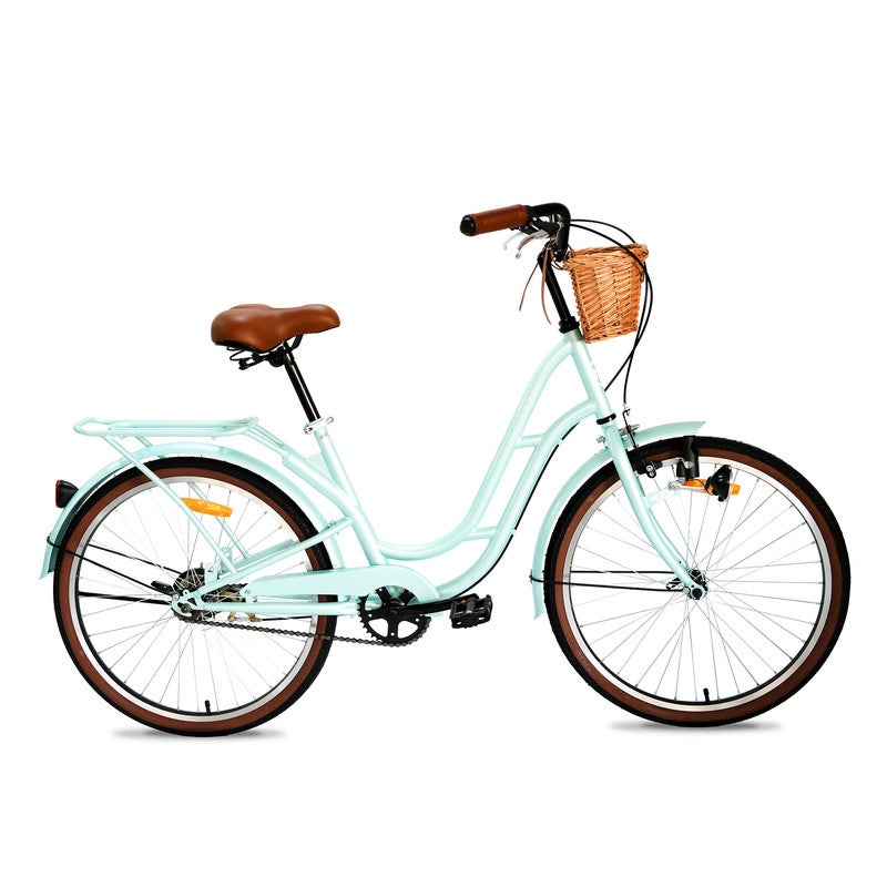 MOGOO Florida Vintage 24-Inch City Bike For Women & Girls | 24 Inch Wheel Sizes | Simple Single-Speed Drivetrain | Durable Steel Step-Through Frame with Front Wicker Basket | Rear Carrier & Dynamo Headlight - Mint Green - Image 1