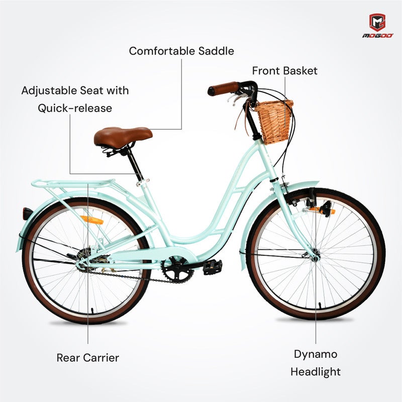 MOGOO Florida Vintage 24-Inch City Bike For Women & Girls | 24 Inch Wheel Sizes | Simple Single-Speed Drivetrain | Durable Steel Step-Through Frame with Front Wicker Basket | Rear Carrier & Dynamo Headlight - Mint Green - Image 5