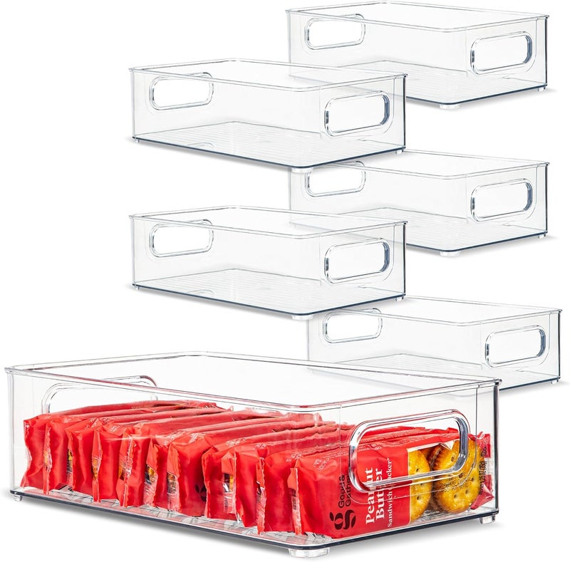 PrimeBox Plastic Food Storage 6 Pack Clear Container Bin with Handles for Organizing Kitchen, Pantry, Refrigerator, Freezer, Pantry, Cabinet, Closet, Bathroom. Stackable 10”x6”x3” - Image 1