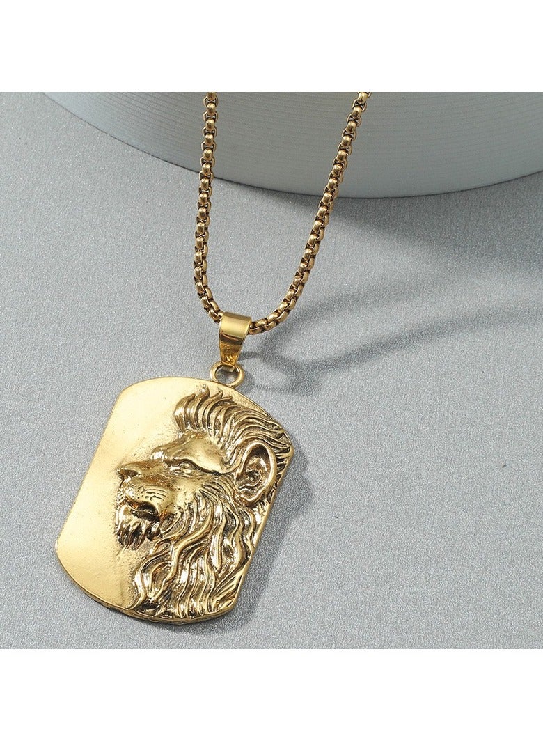 Men's Fashion Retro Style Stainless Steel Necklace Lion Head Pendant (Gold) - Image 1