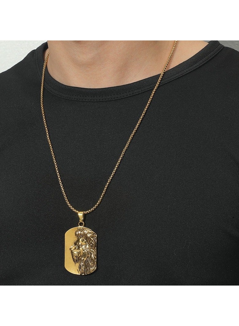 Men's Fashion Retro Style Stainless Steel Necklace Lion Head Pendant (Gold) - Image 2