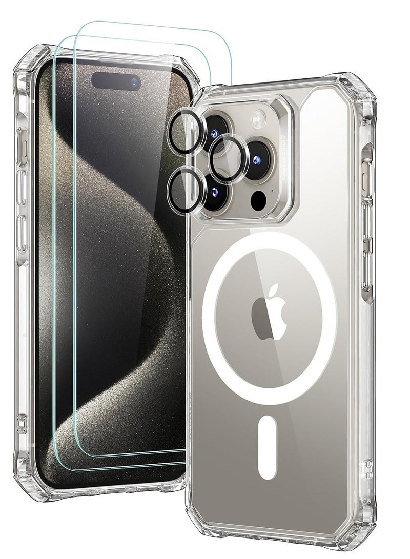 MUNTAQI for iPhone 15 Pro Case, Compatible with MagSafe, Set with 2 Screen Protectors and Single Camera Lens Protectors, Air Guard Corners, Yellowing-Resistant Acrylic Back, Air Armor Series, Clear - Image 1