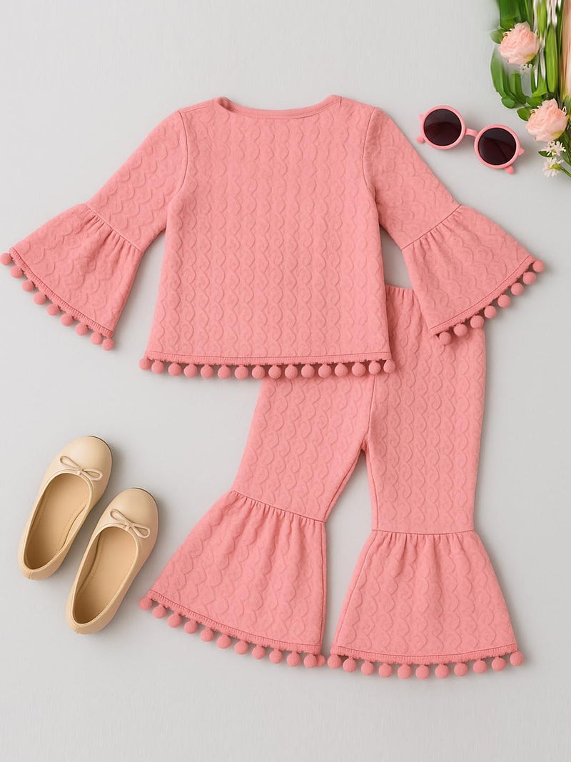 A.T.U.N. (ALL THINGS UBER NICE) Girls Textured Knit Ruffle Sleeve Peplum Top and Bell Bottom Pants Set with Pom-Pom Trim - Image 4