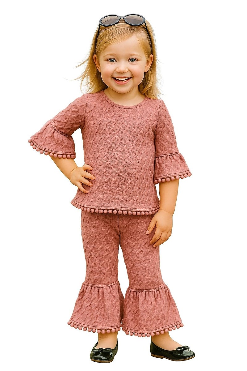 A.T.U.N. (ALL THINGS UBER NICE) Girls Textured Knit Ruffle Sleeve Peplum Top and Bell Bottom Pants Set with Pom-Pom Trim - Image 1