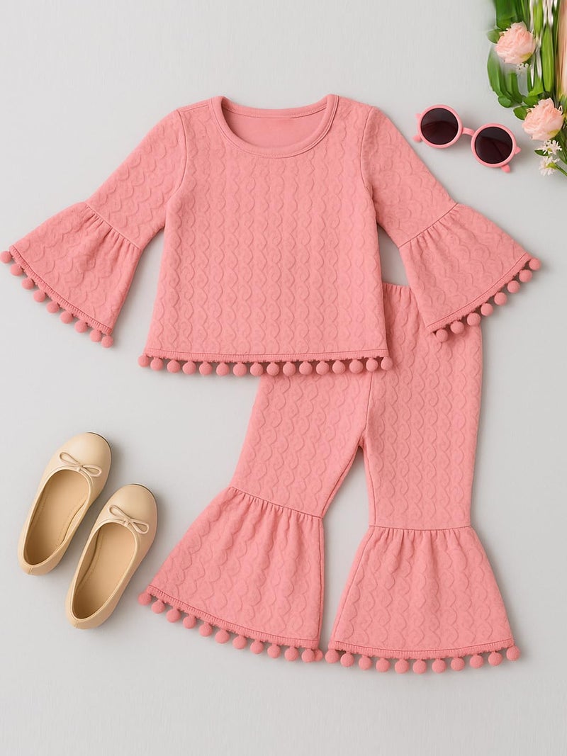 A.T.U.N. (ALL THINGS UBER NICE) Girls Textured Knit Ruffle Sleeve Peplum Top and Bell Bottom Pants Set with Pom-Pom Trim - Image 3