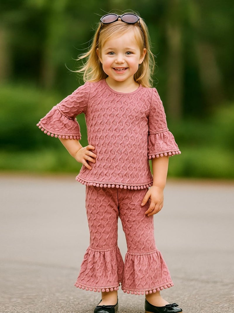 A.T.U.N. (ALL THINGS UBER NICE) Girls Textured Knit Ruffle Sleeve Peplum Top and Bell Bottom Pants Set with Pom-Pom Trim - Image 2