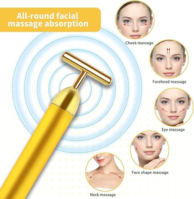 Blase enterprise 24k Gold Energy Beauty Bar Electric Vibration Facial Massage Roller Waterproof Face Skin Care T-Shaped Anti Wrinkle Massager for Forehead Cheek Neck Clavicle Arm (24K Gold Massager) - Image 4
