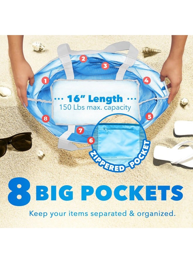 Dejaroo Mesh Sand Free Bag - Strong Lightweight Bag For Beach & Vacation Essentials. Tons of Storage!, Neon Blue With White Handles, Large, Mesh - Image 3