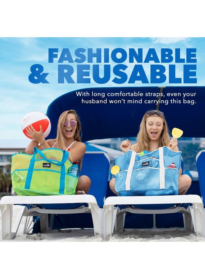 Dejaroo Mesh Sand Free Bag - Strong Lightweight Bag For Beach & Vacation Essentials. Tons of Storage!, Neon Blue With White Handles, Large, Mesh - Image 4