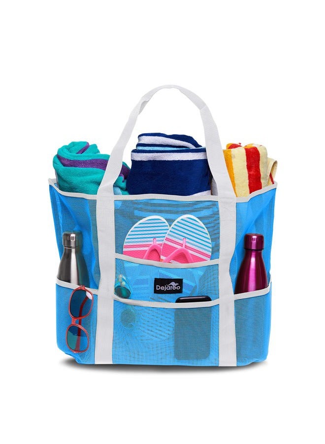 Dejaroo Mesh Sand Free Bag - Strong Lightweight Bag For Beach & Vacation Essentials. Tons of Storage!, Neon Blue With White Handles, Large, Mesh - Image 1