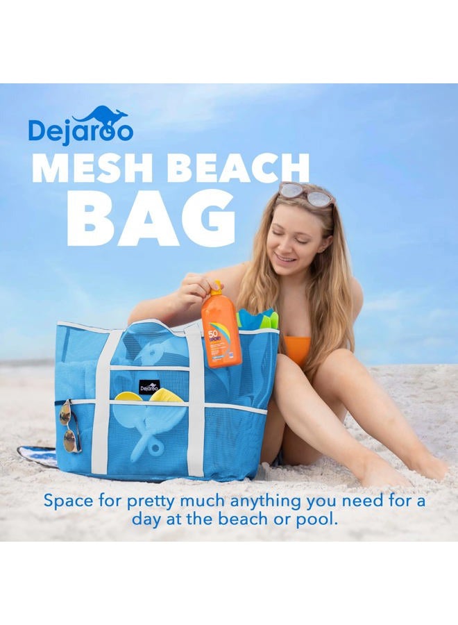 Dejaroo Mesh Sand Free Bag - Strong Lightweight Bag For Beach & Vacation Essentials. Tons of Storage!, Neon Blue With White Handles, Large, Mesh - Image 2