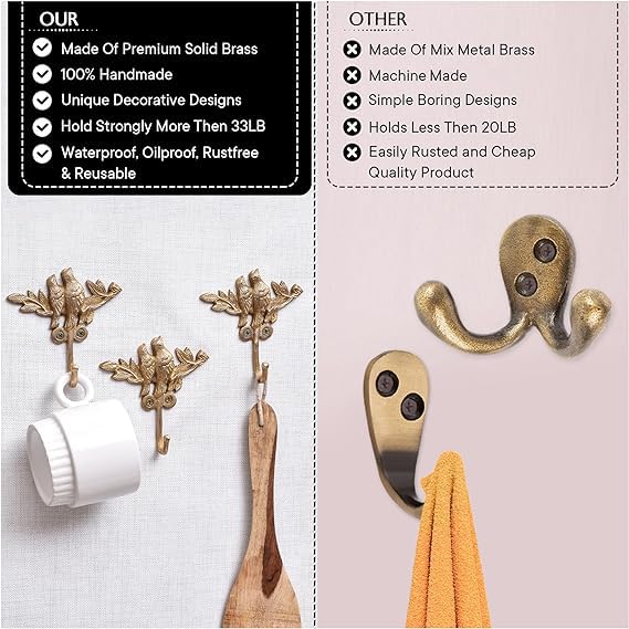 Indian-Shelf Solid Brass Bird Wall Hooks Set of 3, Decorative Gold Coat Hooks for Kids Room, Vintage Bird Key Towel Hanger Rack Mount, Heavy Duty Decor for Entryway Bathroom - Image 4