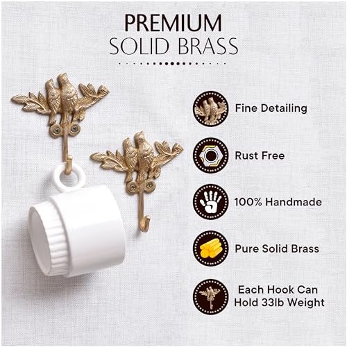 Indian-Shelf Solid Brass Bird Wall Hooks Set of 3, Decorative Gold Coat Hooks for Kids Room, Vintage Bird Key Towel Hanger Rack Mount, Heavy Duty Decor for Entryway Bathroom - Image 3