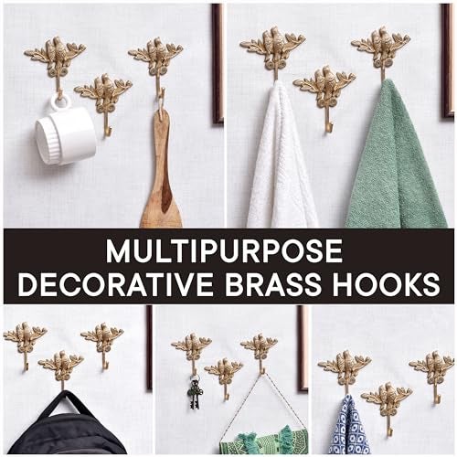 Indian-Shelf Solid Brass Bird Wall Hooks Set of 3, Decorative Gold Coat Hooks for Kids Room, Vintage Bird Key Towel Hanger Rack Mount, Heavy Duty Decor for Entryway Bathroom - Image 5