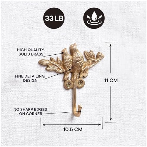 Indian-Shelf Solid Brass Bird Wall Hooks Set of 3, Decorative Gold Coat Hooks for Kids Room, Vintage Bird Key Towel Hanger Rack Mount, Heavy Duty Decor for Entryway Bathroom - Image 2