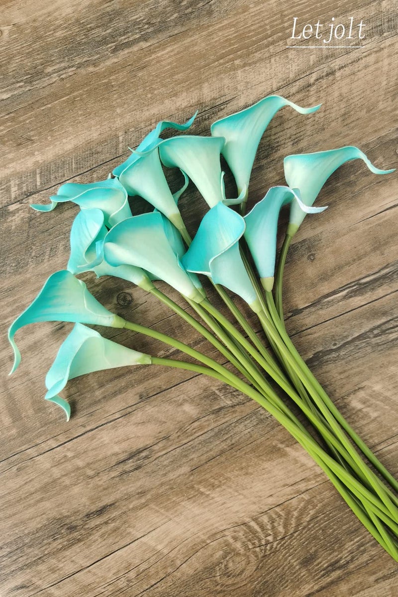 Letjolt Artificial Calla Lily Flowers 12Pcs Fake Flower Bouquet Faux Calla Lilies for Home Kitchen Wedding Party, Peacock Blue - Image 3