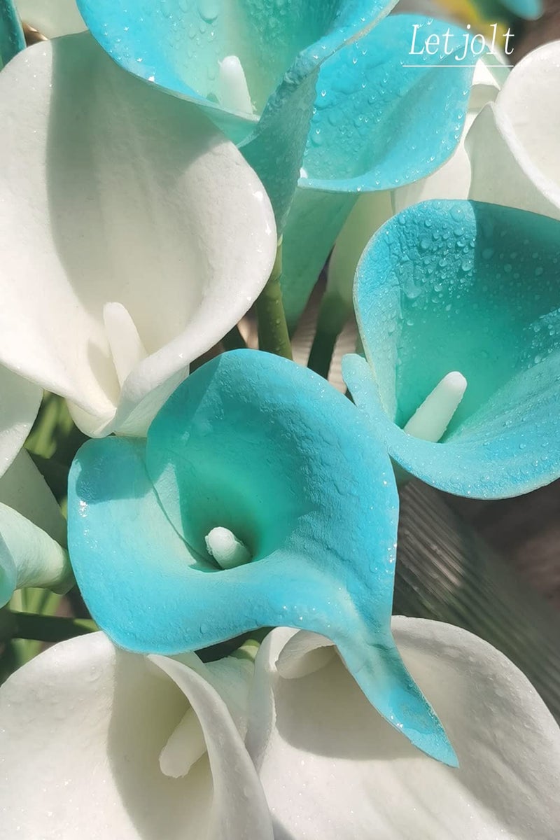 Letjolt Artificial Calla Lily Flowers 12Pcs Fake Flower Bouquet Faux Calla Lilies for Home Kitchen Wedding Party, Peacock Blue - Image 2