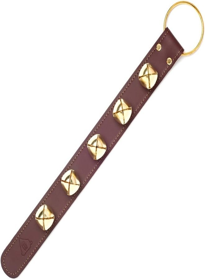 Bevin Bells Leather Sleigh Bell Strap | Five (1 ") Bells | Brown/Brass | Door Hanger | Dog Potty Training | Made of Steel | Christmas Holiday Decoration | Sturdy Hanging Loop | Made in CT, USA - Image 1